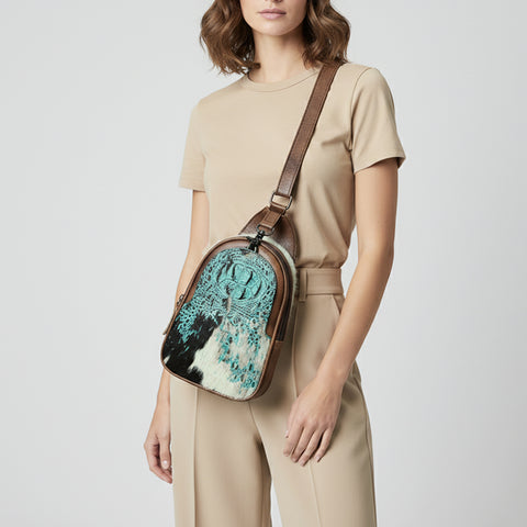 American Darling Western Leather Sling Bag with Crocodile Embossed Detailing ï¿½ Genuine Hair-on cowhide Leather