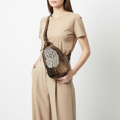 American Darling Western Leather Sling Bag with Crocodile Embossed Detailing ï¿½ Genuine Hair-on cowhide Leather