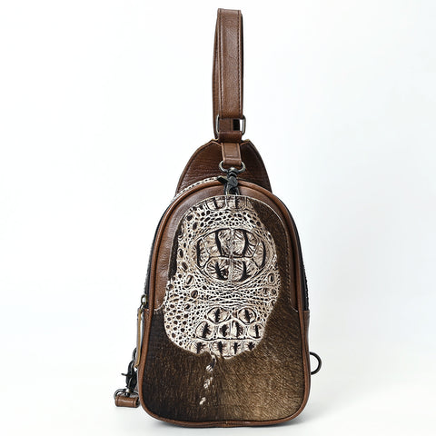 American Darling Western Leather Sling Bag with Crocodile Embossed Detailing ï¿½ Genuine Hair-on cowhide Leather
