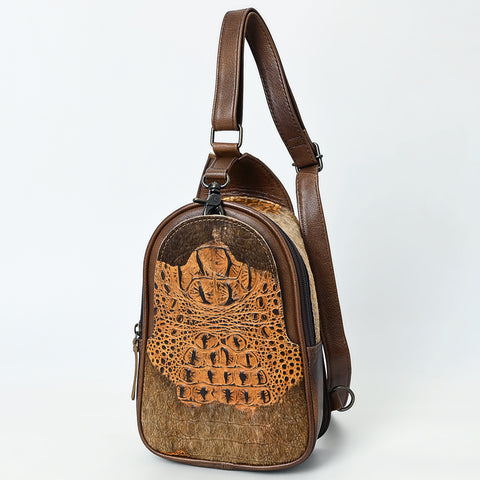 American Darling Western Leather Sling Bag with Crocodile Embossed Detailing ï¿½ Genuine Hair-on cowhide Leather