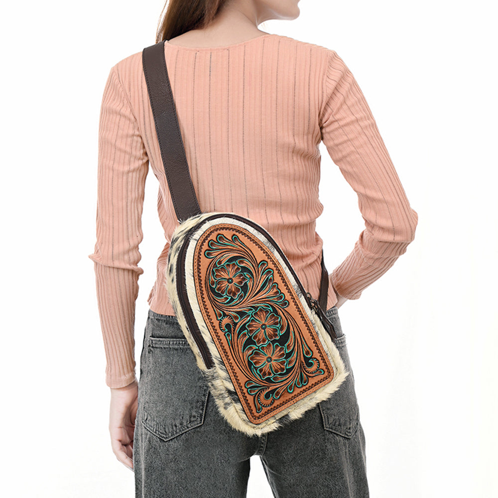ADBGA590 Genuine Leather Sling Bag-Western Hand-Tooled Floral Crossbody Backpack for Women