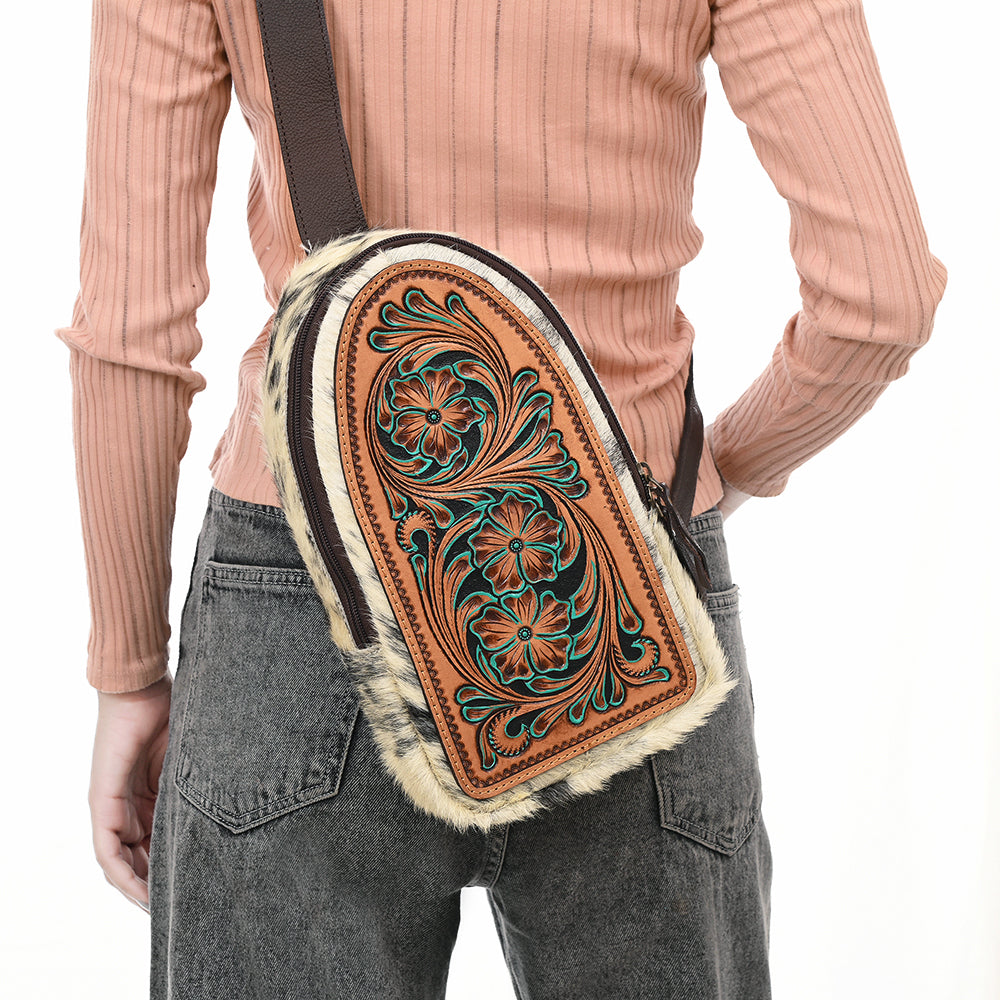 ADBGA590 Genuine Leather Sling Bag-Western Hand-Tooled Floral Crossbody Backpack for Women