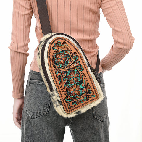 American Darling Genuine Hand Tooled Leather Hair On Hide Sling Bag