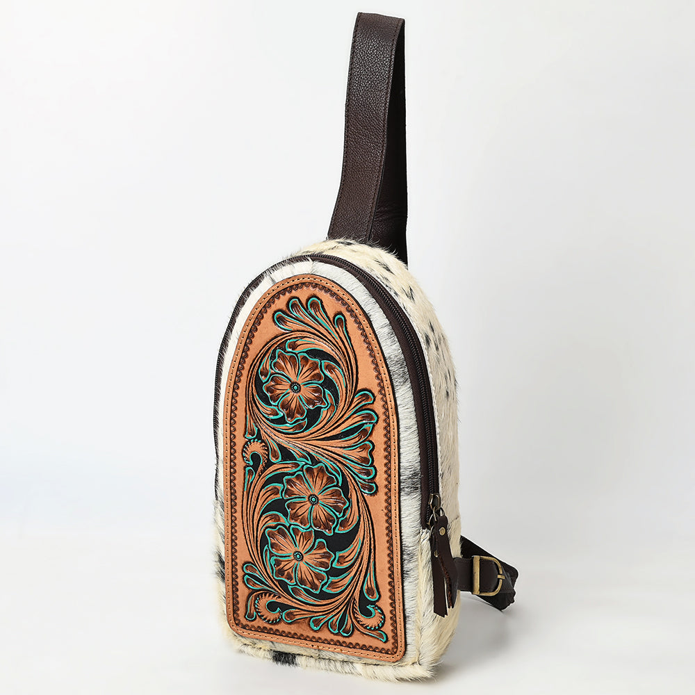 ADBGA590 Genuine Leather Sling Bag-Western Hand-Tooled Floral Crossbody Backpack for Women