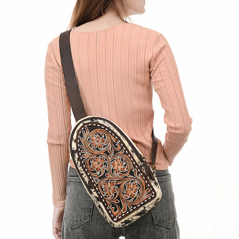 American Darling Genuine Hand Tooled Leather Hair On Hide Sling Bag
