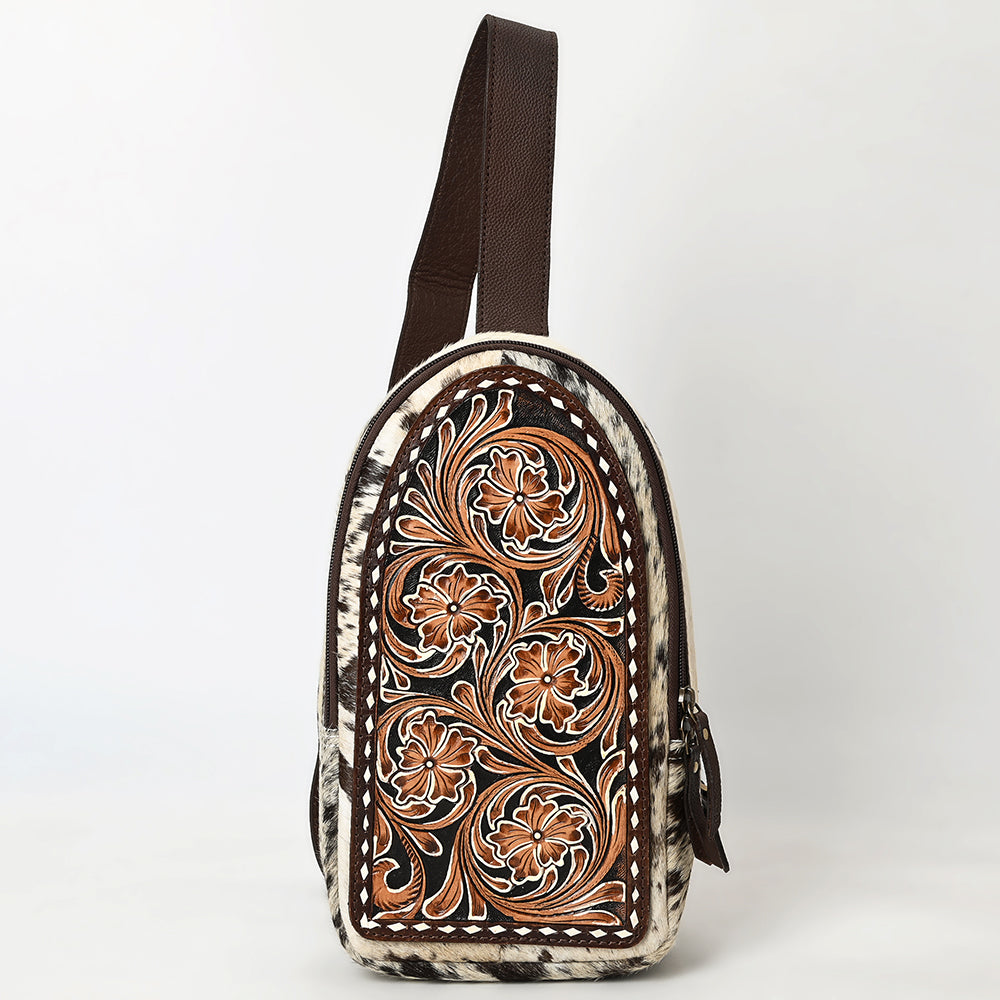 ADBGA590 Genuine Leather Sling Bag-Western Hand-Tooled Floral Crossbody Backpack for Women