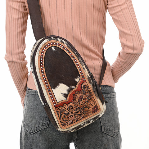 Handcrafted Cowhide Leather Sling Bag-Western Floral Tooled Crossbody