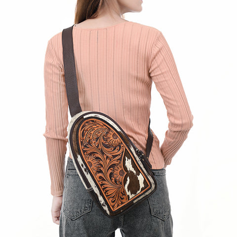 American Darling Hand Tooled Floral Carved Hair-On Cowhide Sling Bag
