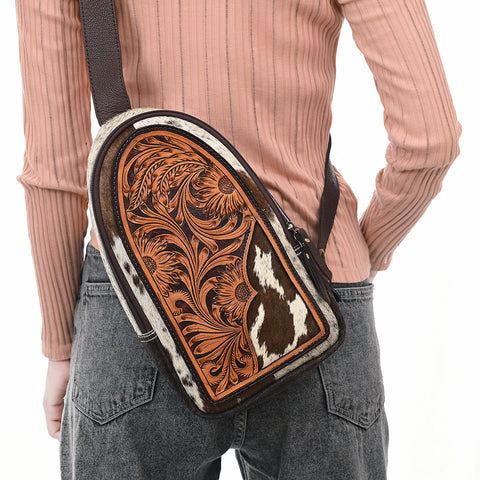 American Darling Hand Tooled Floral Carved Hair-On Cowhide Sling Bag