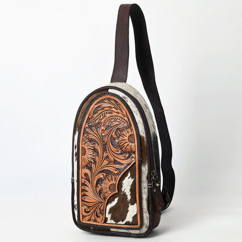 American Darling Hand Tooled Floral Carved Hair-On Cowhide Sling Bag