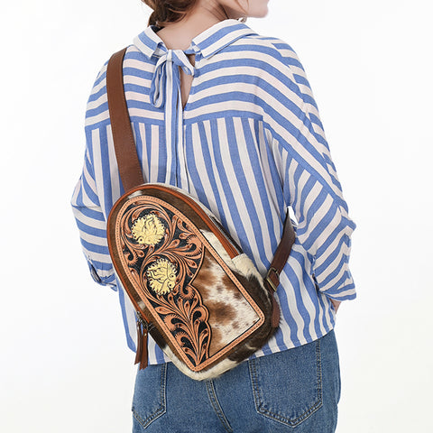 American Darling Hand Tooled Floral Carved Hair-On Cowhide Sling Bag