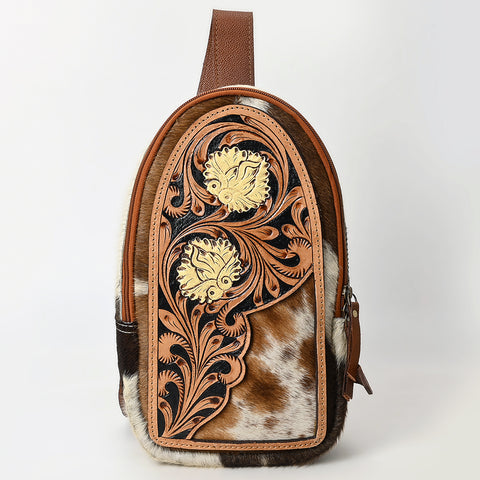 American Darling Hand Tooled Floral Carved Hair-On Cowhide Sling Bag