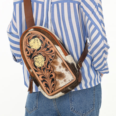 American Darling Hand Tooled Floral Carved Hair-On Cowhide Sling Bag