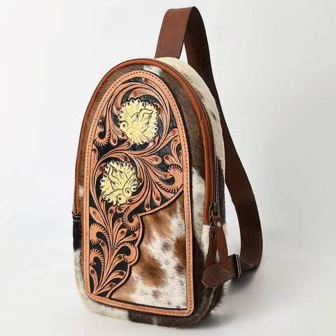 American Darling Hand Tooled Floral Carved Hair-On Cowhide Sling Bag
