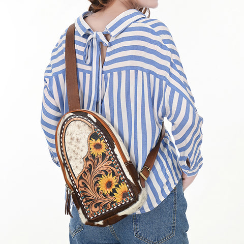 American Darling Hand Tooled Floral Carved Hair-On Cowhide Sling Bag