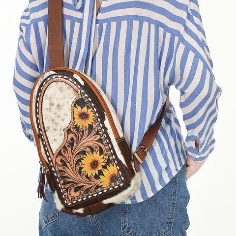 American Darling Hand Tooled Floral Carved Hair-On Cowhide Sling Bag