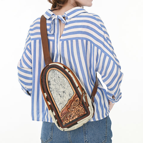 American Darling Hand Tooled Floral Carved Hair-On Cowhide Sling Bag