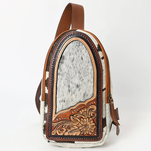 American Darling Hand Tooled Floral Carved Hair-On Cowhide Sling Bag