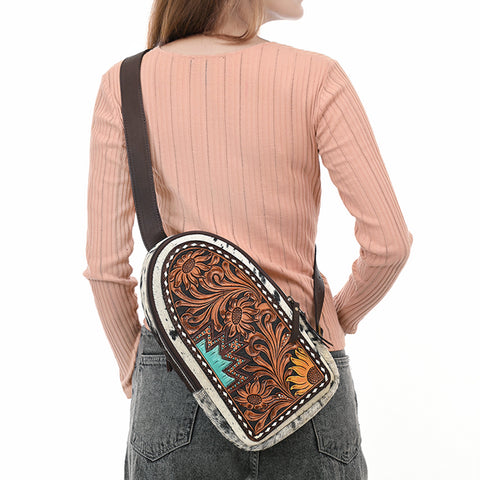 American Darling Hair-On Cowhide Hand Tooled Genuine Leather Sling Bag