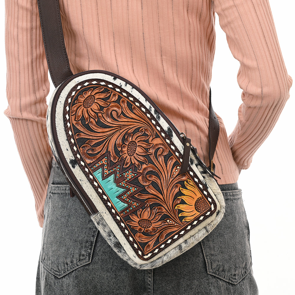 ADBGA593 Hand-Tooled Floral Cowhide Leather Sling Bag-Western Crossbody