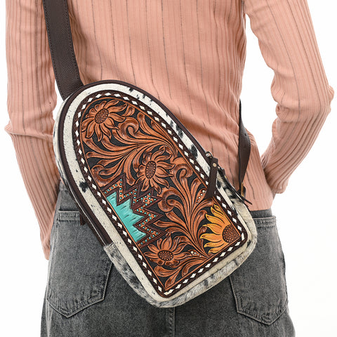 American Darling Hair-On Cowhide Hand Tooled Genuine Leather Sling Bag