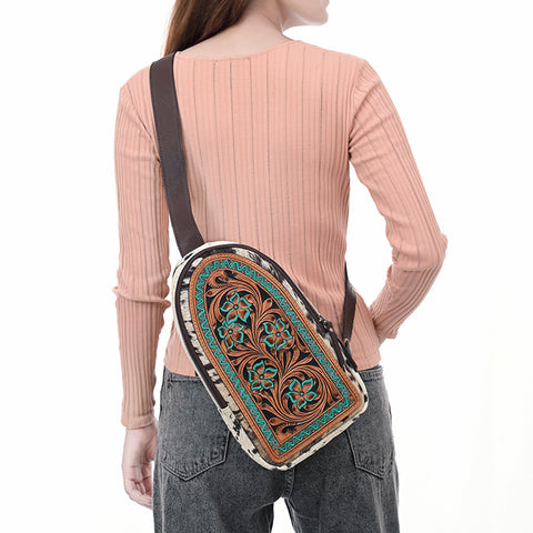 American Darling Hair-On Cowhide Hand Tooled Genuine Leather Sling Bag