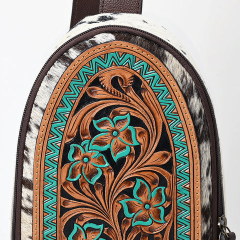 American Darling Hair-On Cowhide Hand Tooled Genuine Leather Sling Bag