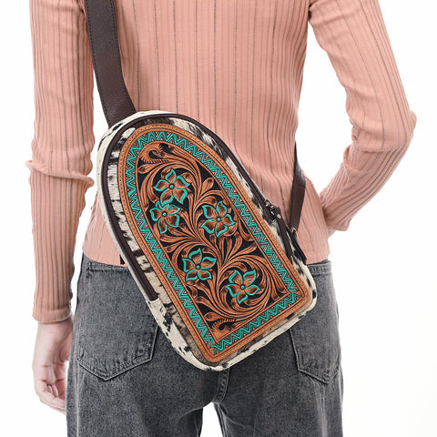 American Darling Hair-On Cowhide Hand Tooled Genuine Leather Sling Bag