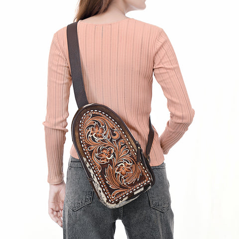 American Darling Hair-On Cowhide Hand Tooled Genuine Leather Sling Bag