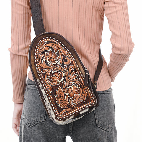 American Darling Hair-On Cowhide Hand Tooled Genuine Leather Sling Bag