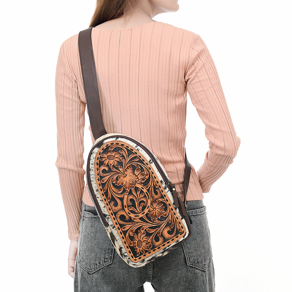ADBGA594 Floral Hand-Tooled Leather Sling Bag-Genuine Cowhide Western Crossbody