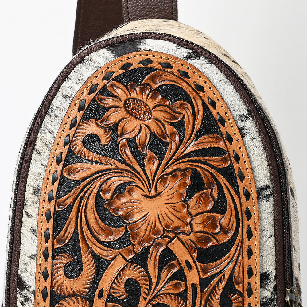ADBGA594 Floral Hand-Tooled Leather Sling Bag-Genuine Cowhide Western Crossbody