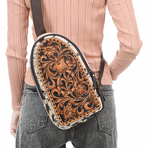 American Darling Buck Stitched Floral Carved Hair-On Sling Bag