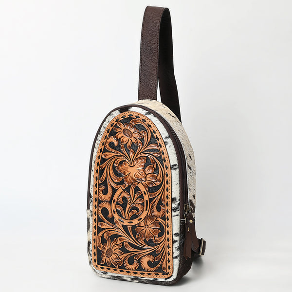 ADBGA594 Floral Hand-Tooled Leather Sling Bag-Genuine Cowhide Western Crossbody
