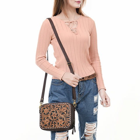 American Darling Buck Stitched Floral Carved Genuine Leather Camera Bag