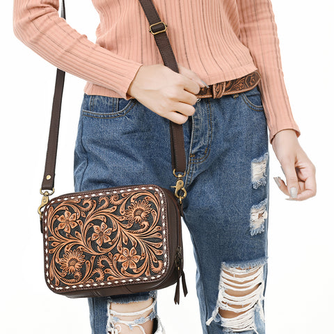 American Darling Buck Stitched Floral Carved Genuine Leather Camera Bag
