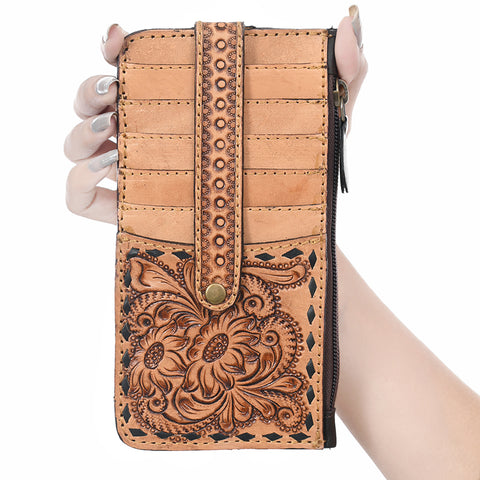 American Darling Buck Stitched Floral Carved Leather Card Holder
