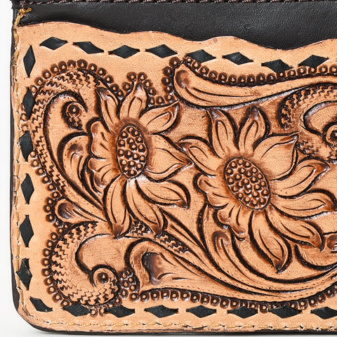 American Darling Buck Stitched Floral Carved Leather Card Holder