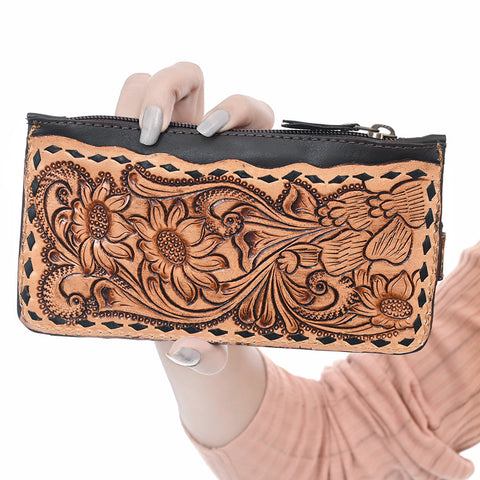 American Darling Buck Stitched Floral Carved Leather Card Holder