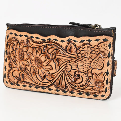 American Darling Buck Stitched Floral Carved Leather Card Holder