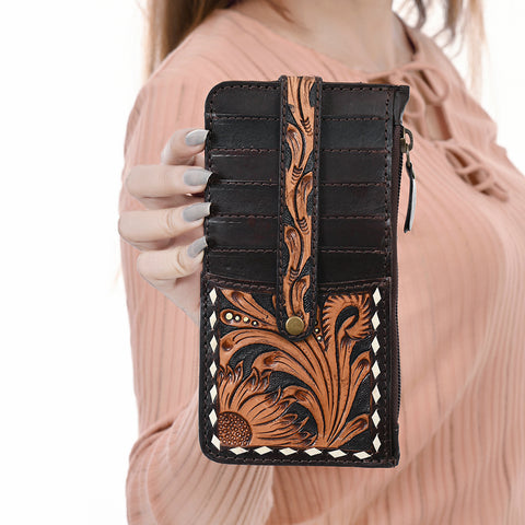 American Darling Buck Stitched Floral Carved Genuine Leather Card Holder