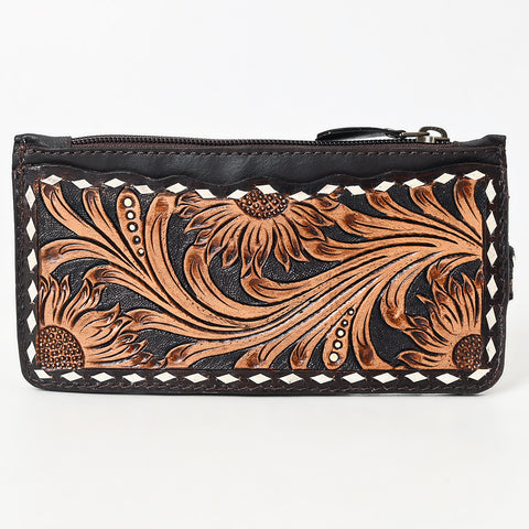 American Darling Buck Stitched Floral Carved Genuine Leather Card Holder