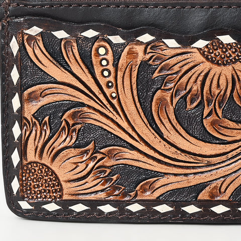 American Darling Buck Stitched Floral Carved Genuine Leather Card Holder