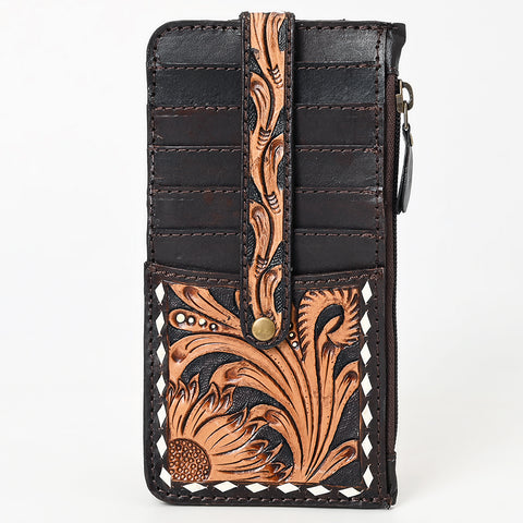 American Darling Buck Stitched Floral Carved Genuine Leather Card Holder