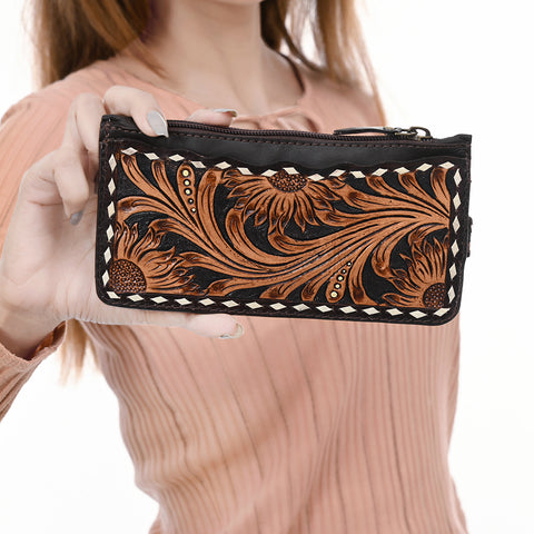 American Darling Buck Stitched Floral Carved Genuine Leather Card Holder