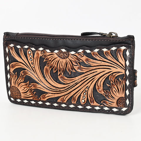 American Darling Buck Stitched Floral Carved Genuine Leather Card Holder