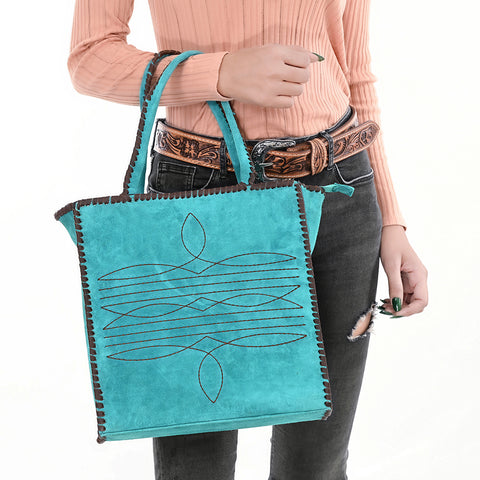 American Darling Western Tote Bag Genuine suede Leather with Whipstitch Detailing