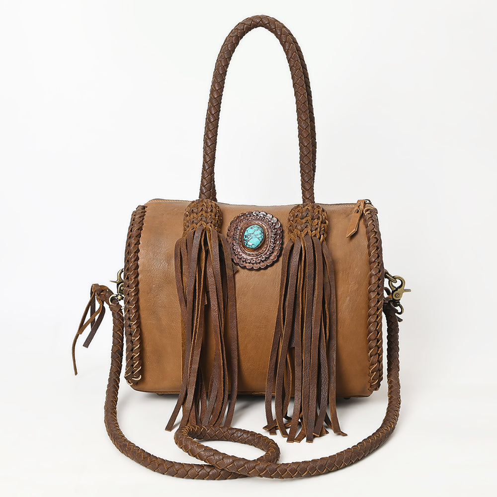 LC-ADBGM270H Western Braided Leather Duffel - Deep Saddle Brown with Turquoise Concho