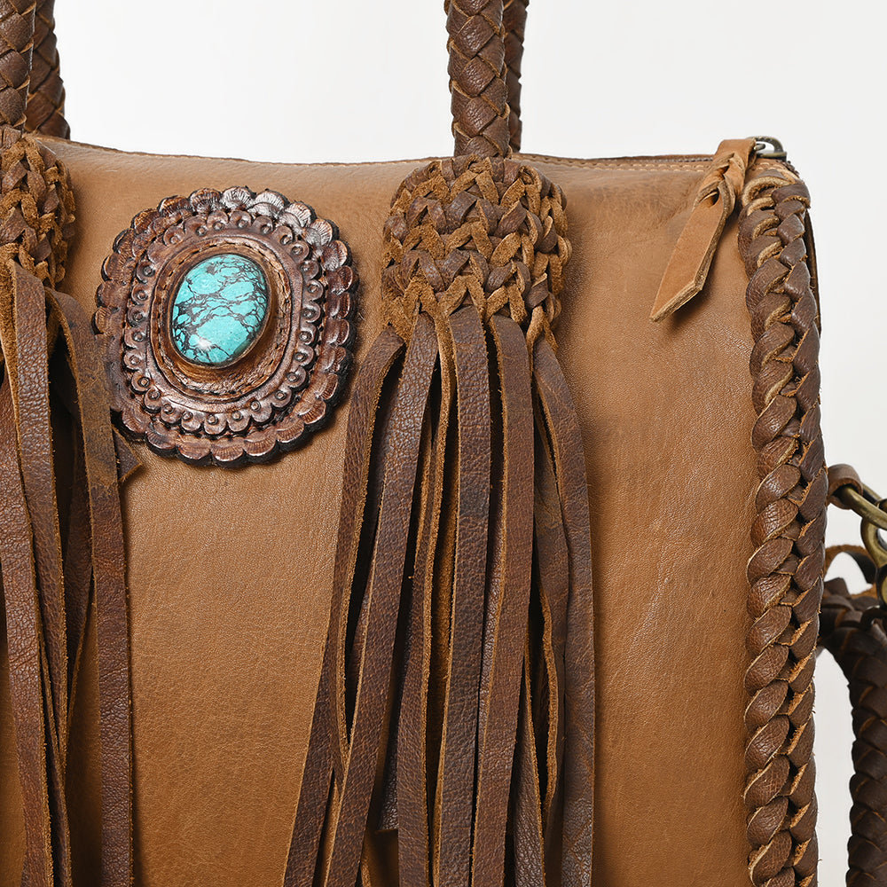 LC-ADBGM270H Western Braided Leather Duffel - Deep Saddle Brown with Turquoise Concho