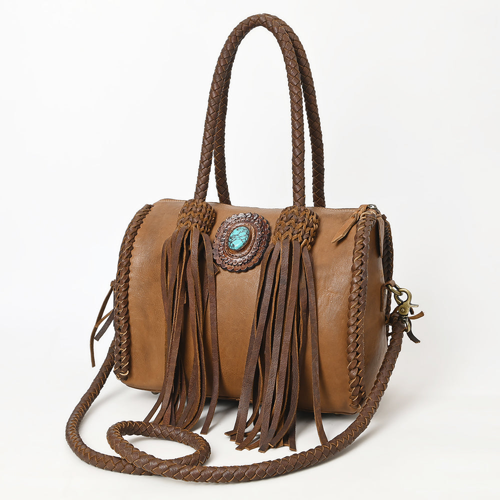 LC-ADBGM270H Western Braided Leather Duffel - Deep Saddle Brown with Turquoise Concho